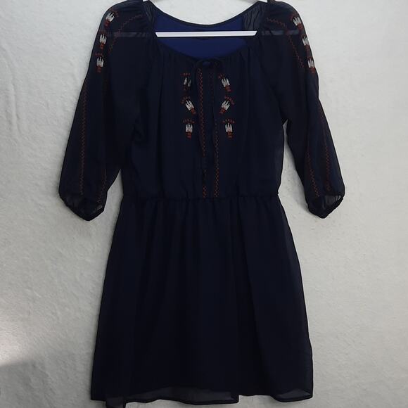 Ruby Rox Peasant Dress Womens Medium Navy Blue Embroidered Boho‎ Feminine - Picture 1 of 12